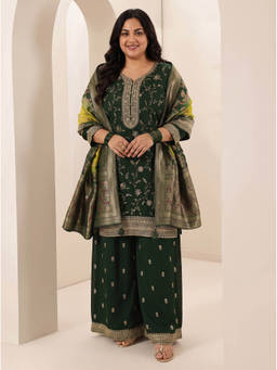 Extra love by Libas - Women Green Embroidered Silk Blend Kurta and Palazzo with Dupatta