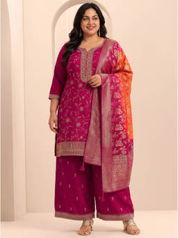 Extra love by Libas - Women Pink Embroidered Silk Blend Kurta and Palazzo with Dupatta