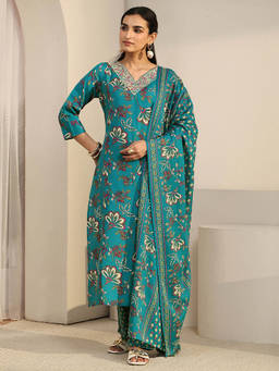 Gerua By Libas - Turquoise Blue Floral Printed Straight Suit Set
