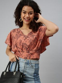 SHOWOFF - Women Brown Printed V-Neck Crop Top
