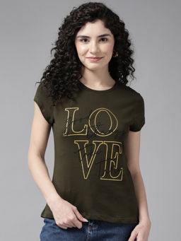 CAYMAN - Olive Typography Printed Slim Fit Cotton T-Shirt