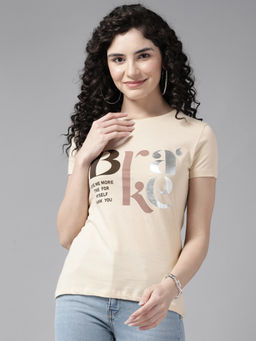 CAYMAN - Beige Typography Printed Slim Fit Cotton T-Shirt