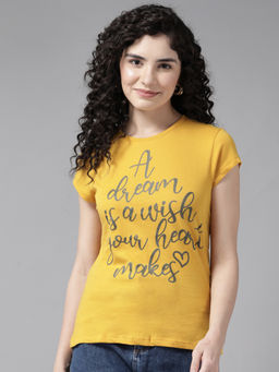 CAYMAN - Mustard Typography Printed Slim Fit Cotton T-Shirt