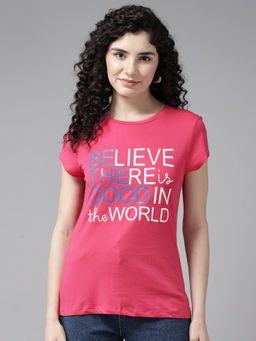 CAYMAN - Pink Typography Printed Slim Fit Cotton T-Shirt
