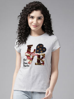 CAYMAN - Grey Embellished Slim Fit Cotton T-Shirt