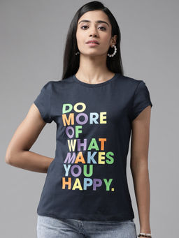 CAYMAN - Navy Blue Typography Printed Slim Fit Cotton T-Shirt