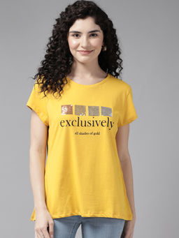 CAYMAN - Mustard Typography Printed Slim Fit Cotton T-Shirt
