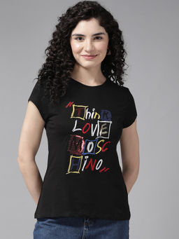 CAYMAN - Black Typography Embroidered Slim Fit Cotton T-Shirt