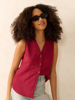 Outzidr - Wine Textured Cropped Shirt