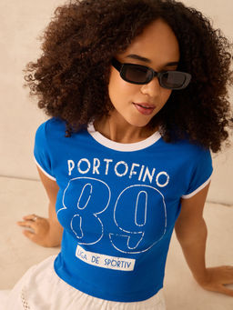 Outzidr - Blue Raglan Typography Cropped T-Shirt