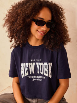 Outzidr - Navy Blue Typography Boxy Cropped T-Shirt