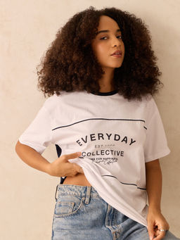 Outzidr - Navy Blue Oversized Typography T-Shirt