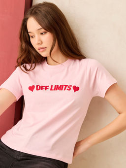 Outzidr - Pink Crew Neck Typography T-Shirt