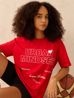 Outzidr - Red Crew Neck Typography T-Shirt