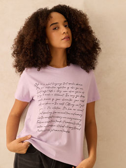 Outzidr - Lavender Regular Fit Typography T-Shirt