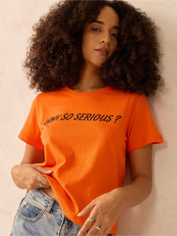 Outzidr - Orange Regular Fit Typography T-Shirt