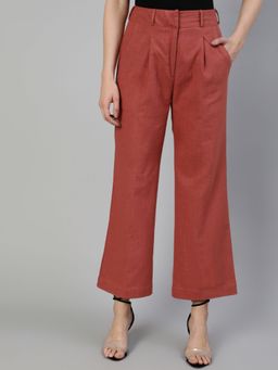 Jaipur Kurti - Brick Red Cotton Slub Flared High Rise Parallel Pants
