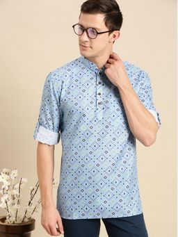 Sanwara - Men Printed Cotton Rolled Up Sleeves Short Kurta