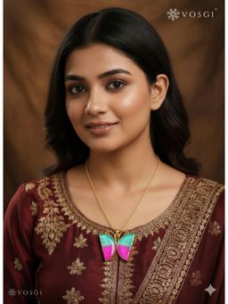 Vosgi - Pink Golden Butterfly Enamel Pendant Necklace