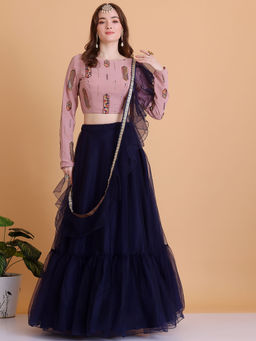 Ethnovog - Ready To Wear Pink Embroidered Georgette Blue Net Lehenga (Set of 3)