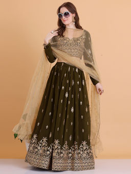 Ethnovog - Ready To Wear Green Embroidered Georgette Lehenga (Set of 3)