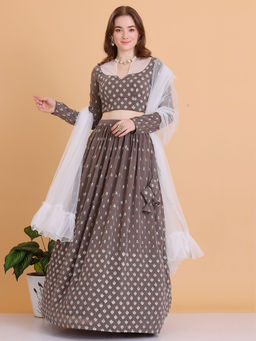Ethnovog - Ready To Wear Grey Georgette Embroidered Lehenga (Set of 3)