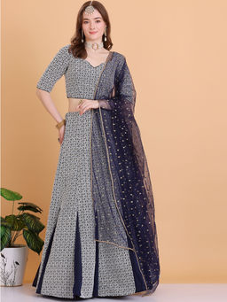 Ethnovog - Ready To Wear Blue Embroidered Art Silk Kali Lehenga (Set of 3)