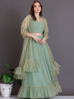 Ethnovog - Ready To Wear Green Net Sequins Embroidered Lehenga (Set of 3)
