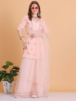 Ethnovog - Ready To Wear Peach Embroidered Palazzo (Set of 3)