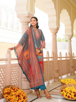 Vaamsi - Women Blue Printed Kurta with Pant and Dupatta (Set of 3)