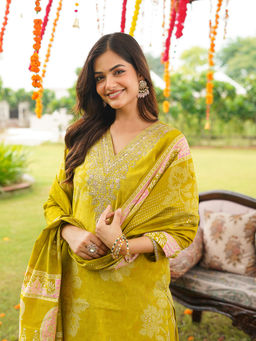 Vaamsi - Yellow Floral Embroidered Straight Kurta with Pant and Dupatta