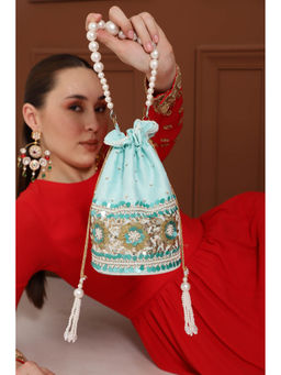 THE TAN CLAN - Ama Blue Potli Bag with Pearl Handle