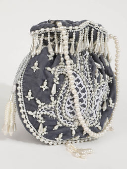 THE TAN CLAN - Sukoon Grey Hand Embellished Potli with Pearl Handle
