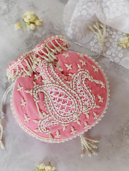 THE TAN CLAN - Sukoon Pink Hand Embellished Potli with Pearl Handle