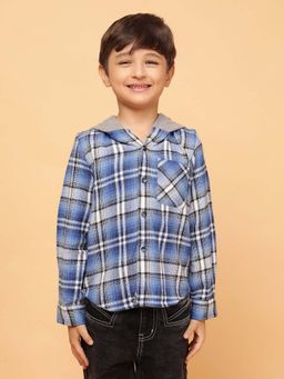 Tales & Stories - Boys Blue & White Checks Cotton Poly Hooded Shirt