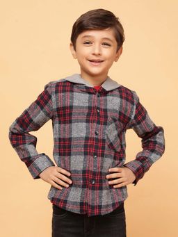 Tales & Stories - Boys Charcoal & Red Checks Cotton Poly Shirt