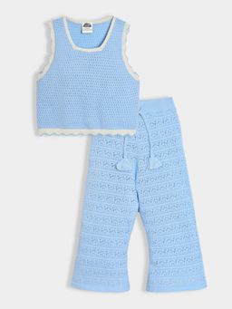 Mi Arcus - Solid Knitted Blue Top With Pant (Set of 2)