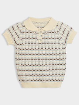 Mi Arcus - Stripes Collar Neck Half Sleeves Top Beige