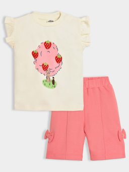 Mi Arcus - Cream Printed Round Neck Half Sleeves Top With Pink Capris (Set of 2)