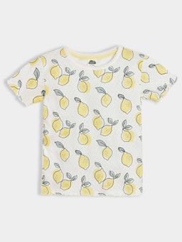 Mi Arcus - Lemon Print Round Neck Half Sleeves T-Shirt Off White
