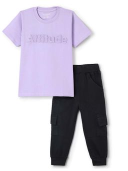 FUNKRAFTS - Boys Cotton Half Sleeves T-Shirt & Jogger - Purple & Black (Set of 2)