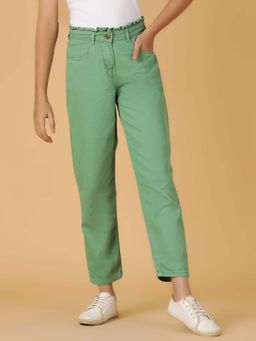 Tales & Stories - Girls Green Solid Cotton Jeans