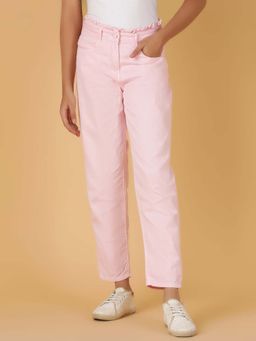 Tales & Stories - Girls Pink Solid Cotton Jeans