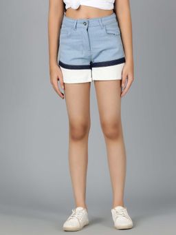 Tales & Stories - Girls Light Blue Lycra Solid Casual Shorts