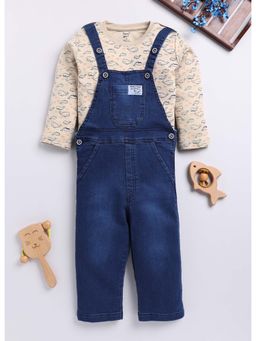 Toonyport - Printed Full Sleeves Dungaree With T-Shirt Beige (Set of 2)