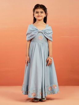 Vastramay - Girls Aqua Silk Blend Embroidered Gown