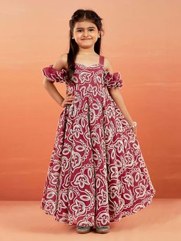 Vastramay - Girls Maroon Georgette Floral Embroidered Gown