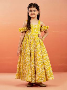 Vastramay - Girls Mustard Georgette Floral Embroidered Gown