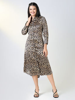 SHOWOFF - Women Brown Animal Print Shirt Dress