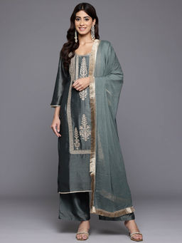 Varanga - Women Grey Embroidered Kurta Paired with Tonal Palazzo and Dupatta (Set of 3)